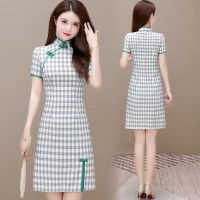 改良版旗袍连衣裙夏2021年新款女时尚小个子复古显瘦遮肚子妈妈裙 绿格 舒适透气不贴身 M [高品质]建议100以内