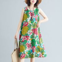 民族风大摆连衣裙女2021夏季新款无袖吊带大码妈妈装印花中长款裙 花色背心裙 [优质版] S 建议(80内)