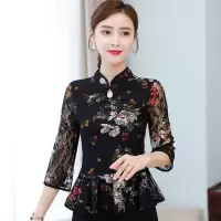 2020新款春民族复古中国风花色短袖网纱打底衫女立领旗袍蕾丝上衣 黑色 M 偏小一码