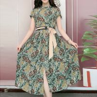 高端时尚凤尾花气质连衣裙2021夏季新款收腰显瘦遮肚子中长款裙子 凤翎绿 M (85-105斤)