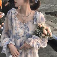 仙女裙日系软妹爱心木耳边泡泡袖绑带学生韩版宽松吊带连衣裙学院 扎染蓝 S