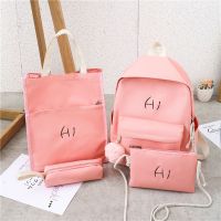 书包女ins学生韩版校园百搭卡通可爱双肩包女防水帆布透明背包 XD1273四件套粉色