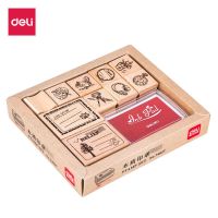 得力木质套装卡通印章手账工具可爱印章复古简约DIY动物印章印台 小清新10个印章(8小2大)含印台