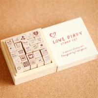 (送印泥)原木盒装卡通可爱迷你LOVE印章25枚入套装DIY日记韩国 红色Love