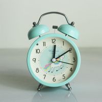 [铃声超大]闹钟学生简约宿舍床头夜灯静音创意儿童卡通小闹钟表 独角兽[蓝色]+电池+金属打铃 3寸