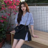 盐系轻熟风套装夏季2021新款港风设计感显瘦通勤宽松短袖衬衫女装 黑条纹衬衣裙+黑色半裙 S