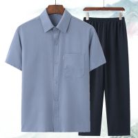 老年男装衬衫中老年夏季衬衣男士短袖爸爸夏装宽松新款套装仿冰丝 冰丝短袖套装 中灰 165[建议88-105斤]
