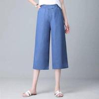 天丝牛仔裤女2021夏季新款高腰宽松直筒显瘦休闲冰丝坠感阔腿长裤 深蓝色七分无口袋 S 建议85到99斤