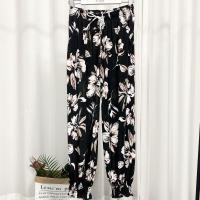 冰丝防蚊裤女夏新款高腰宽松九分灯笼裤薄款大码休闲民族风哈伦裤 黑底百合(口袋款) S 建议80-95斤
