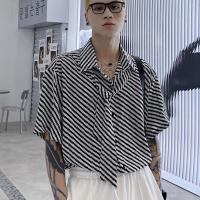 欧洲站潮牌领带设计感条纹印花拼色小众衬衫男高级轻奢宽松衬衣潮 衬衫条纹 S