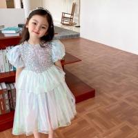 夏款女童纱裙人鱼渐变亮片公主裙洋气生日礼服连衣裙儿童短袖裙子 人鱼仙女蓝 100 (建议身高90CM)