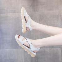 真皮凉鞋女夏季新款百搭厚底孕妇女鞋休闲露趾妈妈鞋软底凉皮鞋女 米白色 35