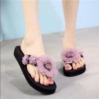 沙滩拖鞋女夏时尚外穿厚底高跟凉拖女海边防滑花朵坡跟人字拖 3cm紫色 33