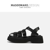 玛速主义 2021新款厚底增高包头凉鞋女夏ins潮休闲百搭学生罗马鞋 黑色 35