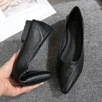 工作鞋女软底久站不累真皮女鞋气质尖头职业黑色上班2021夏季新款 黑舒适纹路软皮平底 34