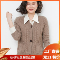 气质V领100%纯羊毛开衫女士短款纽扣羊绒毛衣宽松针织衫外套