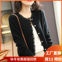 绒媛MX01,2021秋冬新款羊毛针织开衫女薄款圆领蕾丝边毛衣外套上衣宽松短款