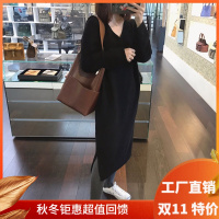 绒媛XZ0223,秋冬羊毛绒衫女V领中长款毛衣宽松开叉长裙针织打底衫连衣裙