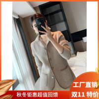 绒媛绒媛秋冬人字纹羊绒开衫女100%纯山羊绒外套修身显瘦外搭短款大衣