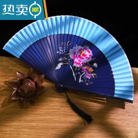 XIANCAI扇子折扇中国风古风女式古典汉服旗袍随身折叠流苏儿童舞蹈小巧扇 国色天香(蓝)