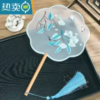 XIANCAI多买多减刺绣团扇中国风宫扇舞蹈古典汉服旗袍古风长柄流苏圆扇子 八瓣机绣-蓝蝶花
