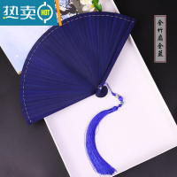 XIANCAI中国风全竹扇子雕刻镂空日式古风男女士折扇手工金银色小巧舞蹈扇 迷你全蓝16CM简装