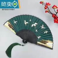 XIANCAI扇子古风折扇女中国风古典仙鹤汉服旗袍折叠扇夏季随身便携小竹扇 黑骨八鹤