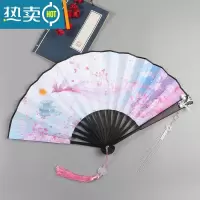 XIANCAI樱花扇子女式古风折扇中国风汉服配饰折叠扇九寸双面仙鹤绢布扇 有凤来仪+贴花