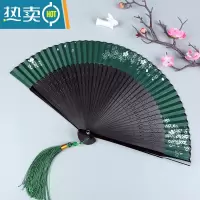 XIANCAI扇子夏天便携古风绿色折扇女式随身古典中国风汉服旗袍折叠小扇子 绿色樱花黑柄(送扇套)