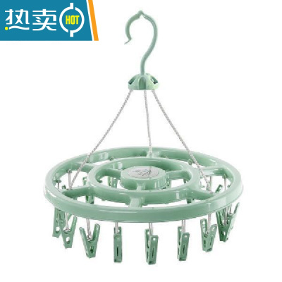 敬平凉衣架墙防盗网晾衣器挂钩金属挂钩多夹子多功能晾内衣裤晒袜架 绿色18夹 1个晒衣篮