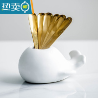 敬平鲸鱼陶瓷罐果叉套装创意可爱北欧风格叉子家用不锈钢水果签果插 白色鲸鱼罐一个+6根圆圆叉