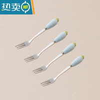 敬平304不锈钢水果叉子套装儿童安全带收纳罐高端创意可爱水果签家用 蓝精灵4叉(不带罐)