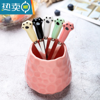 敬平宝宝水果叉子不锈钢儿童安全创意可爱卡通动物家用扎水果签果套装 陶瓷猫爪5只叉+粉色罐子