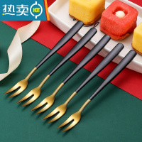 敬平水果叉套装 创意 可爱304不锈钢小叉子家用欧式插果签水果点心叉 A款[黑金色]5支装