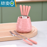敬平水果叉子家用套装收纳罐儿童安全咖啡勺小勺子甜品叉水果签果插 樱花粉收纳罐+6叉