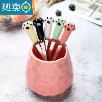 敬平水果叉子不锈钢儿童卡通创意可爱签果插家用吃点心水果小叉子套装 5只叉+(粉)陶瓷罐牙签