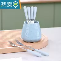 敬平水果叉子家用套装收纳罐儿童安全咖啡勺小勺子甜品叉水果签果插 天空蓝收纳罐+6叉