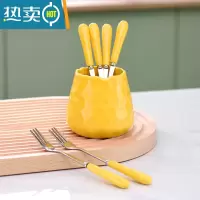 敬平水果叉子家用套装收纳罐儿童安全咖啡勺小勺子甜品叉水果签果插 稻香黄收纳罐+6叉