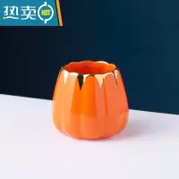 敬平北欧水果叉勺月饼刀叉创意家用不锈钢水果签咖啡勺陶瓷收纳罐套装 橙色金罐