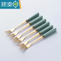 敬平北欧水果叉勺月饼刀叉创意家用不锈钢水果签咖啡勺陶瓷收纳罐套装 牛油果绿金叉六只装