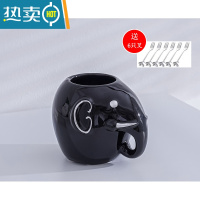 敬平水果叉子收纳罐套装家用创意高端儿童安全轻奢水果签罐果插瓶陶瓷 黑色-大象收纳罐送6叉