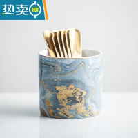 敬平北欧风格创意果叉罐套装叉子家用陶瓷罐子不锈钢水果签果插 流沙金罐一个+6根圆圆叉