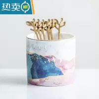 敬平北欧风格创意果叉罐套装叉子家用陶瓷罐子不锈钢水果签果插 抽象红蓝罐一个+6根树叶叉