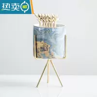 敬平北欧风格创意果叉罐套装叉子家用陶瓷罐子不锈钢水果签果插 流沙金罐一个+三角金架+6根树叶叉
