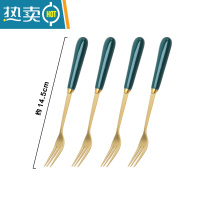 敬平水果叉子家用套装不锈钢甜品蛋糕勺儿童安全小叉子轻奢果签收纳罐 [绿金]瓷柄水果叉4支