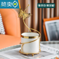 敬平轻奢水果叉收纳罐套装北欧家用甜品蛋糕叉子创意不锈钢网红水果签 蝴蝶果叉罐-白色