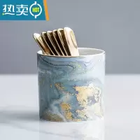 敬平北欧轻奢水果叉套装欧式家用陶瓷罐子不锈钢水果签果勺子插甜品叉 流沙金罐一个+6根圆圆叉