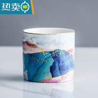 敬平北欧轻奢水果叉套装欧式家用陶瓷罐子不锈钢水果签果勺子插甜品叉 抽象红蓝罐一个