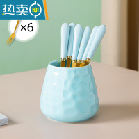 敬平水果叉子儿童安全水果签套装高端不锈钢收纳罐高颜值可爱轻奢网红 蓝色-收纳罐+6金色叉