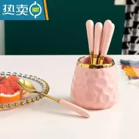敬平水果叉子家用高端收纳罐蛋糕叉儿童果叉甜品小叉子不锈钢 [可爱粉带金边]★带6勺牙签